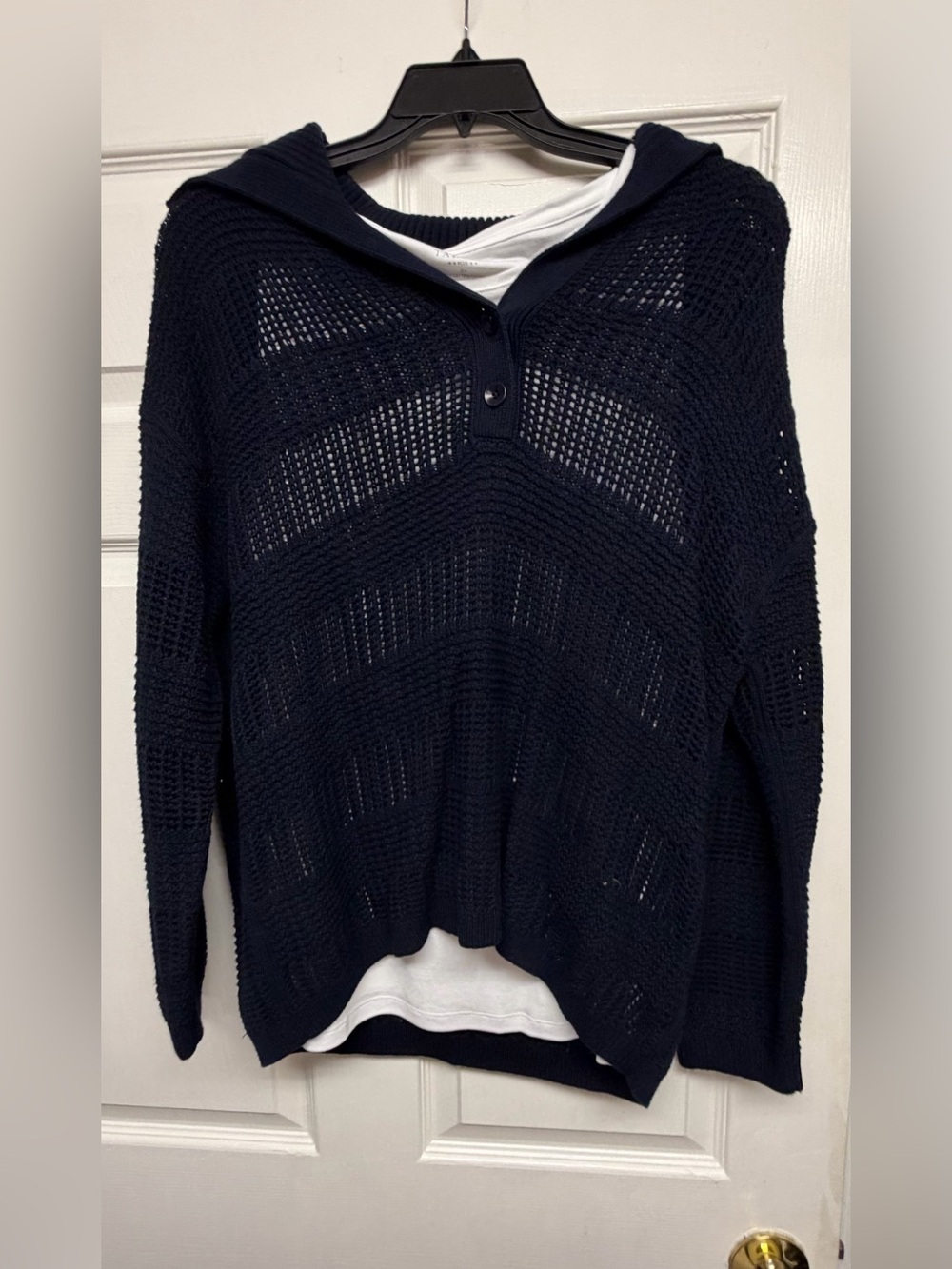 Talbots Navy Open-Knit Hooded Pullover